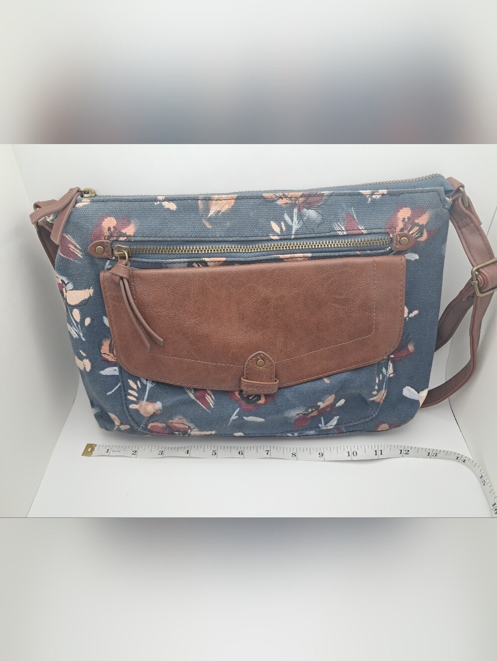 Floral Canvas Crossbody Bag with Brown Faux-Leather Flap - Picture 15 of 16
